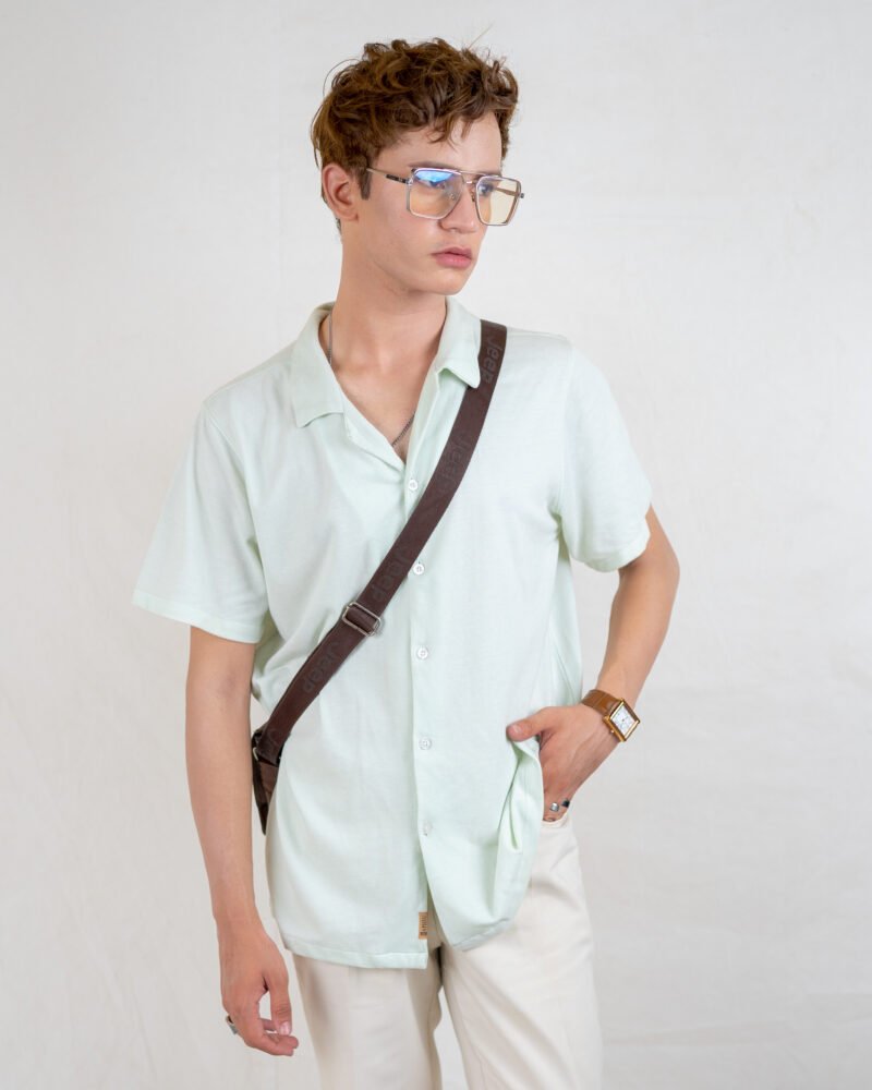 Rapheu Green Textured Cuban Coat Resort Camp Collar Old Money Polo