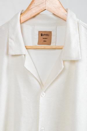 Rapheu White Textured Cuban Coat Resort Camp Collar Old Money Polo
