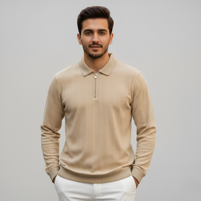 Beige Knitted Zipper Polo - Image 2