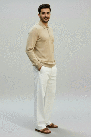 Beige Knitted Zipper Polo