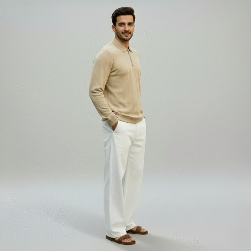 Beige Knitted Zipper Polo
