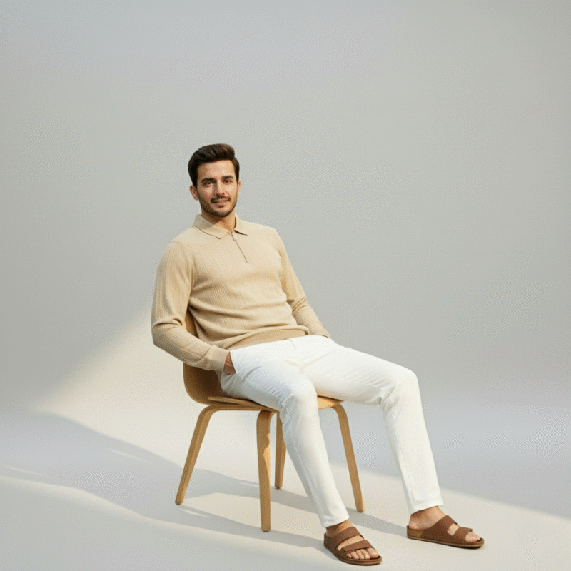 Beige Knitted Zipper Polo - Image 3