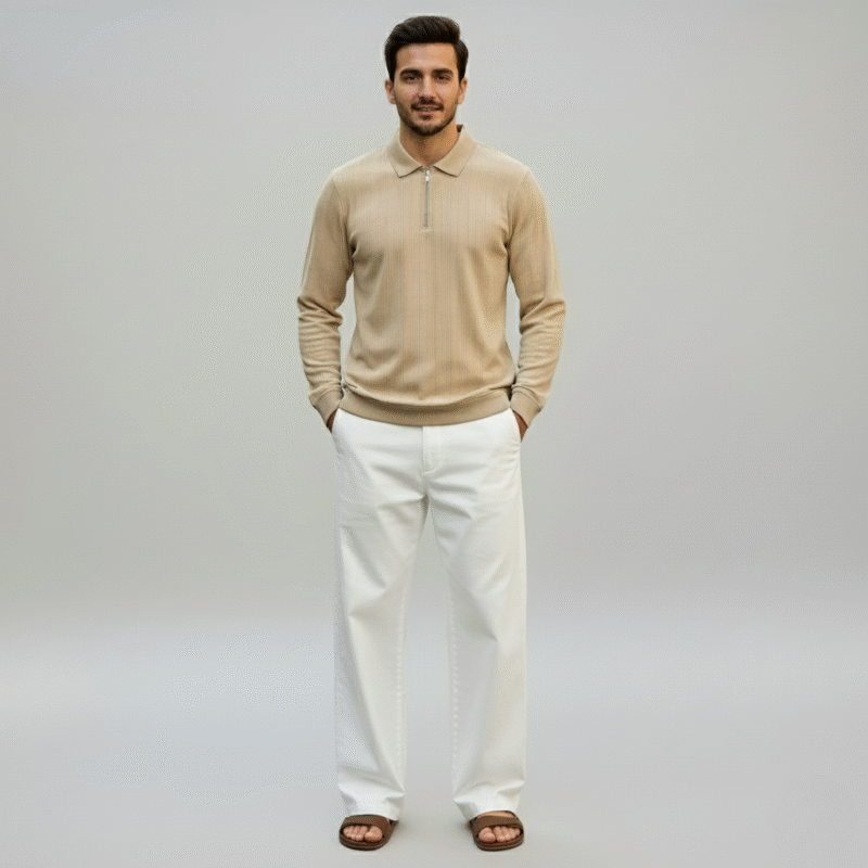 Beige Knitted Zipper Polo - Image 4