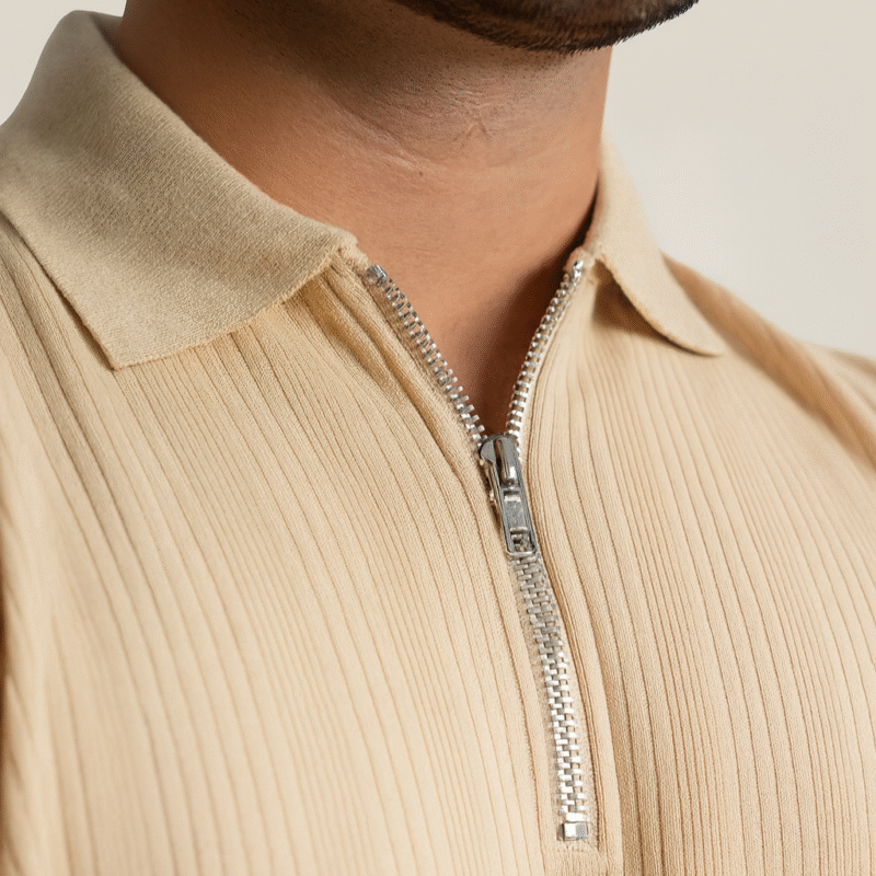 Beige Knitted Zipper Polo - Image 5