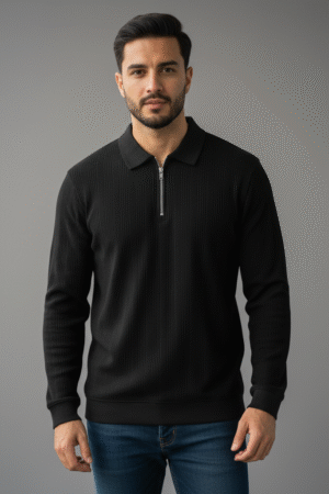 Black Knitted Zipper Polo
