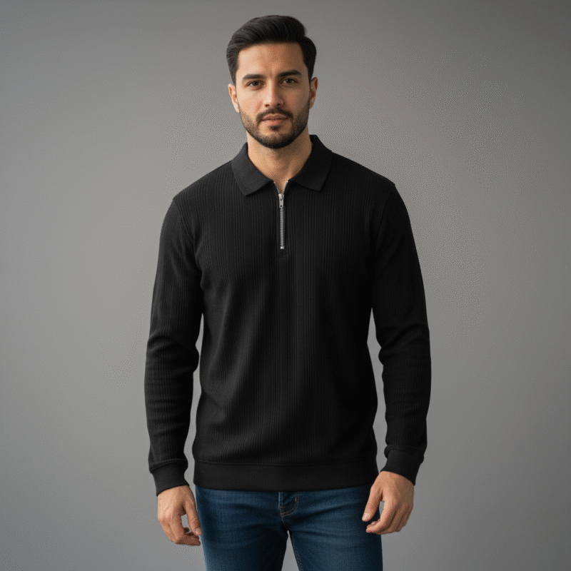 Black Knitted Zipper Polo