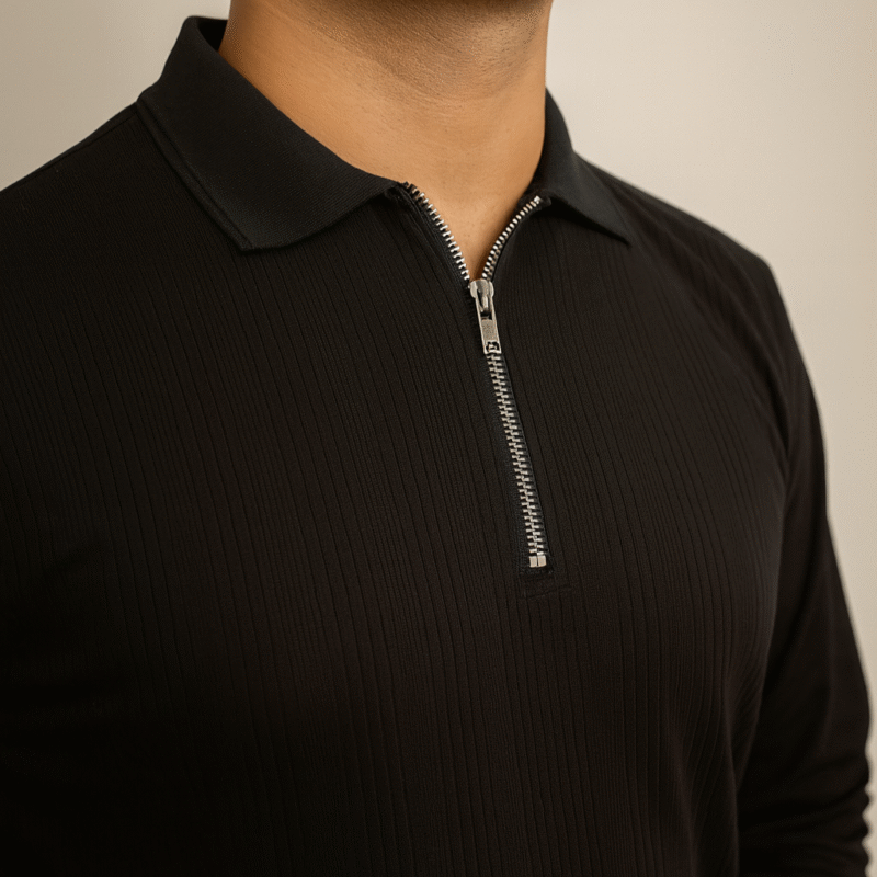 Black Knitted Zipper Polo - Image 2