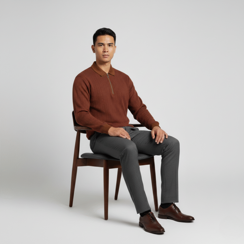 Brown Knitted Zipper Polo - Image 2