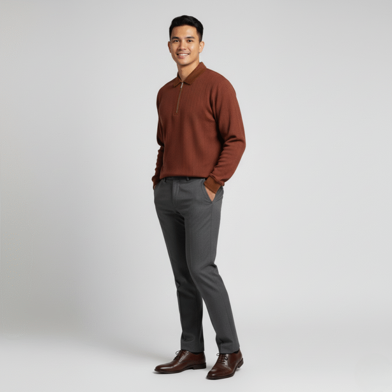 Brown Knitted Zipper Polo - Image 3