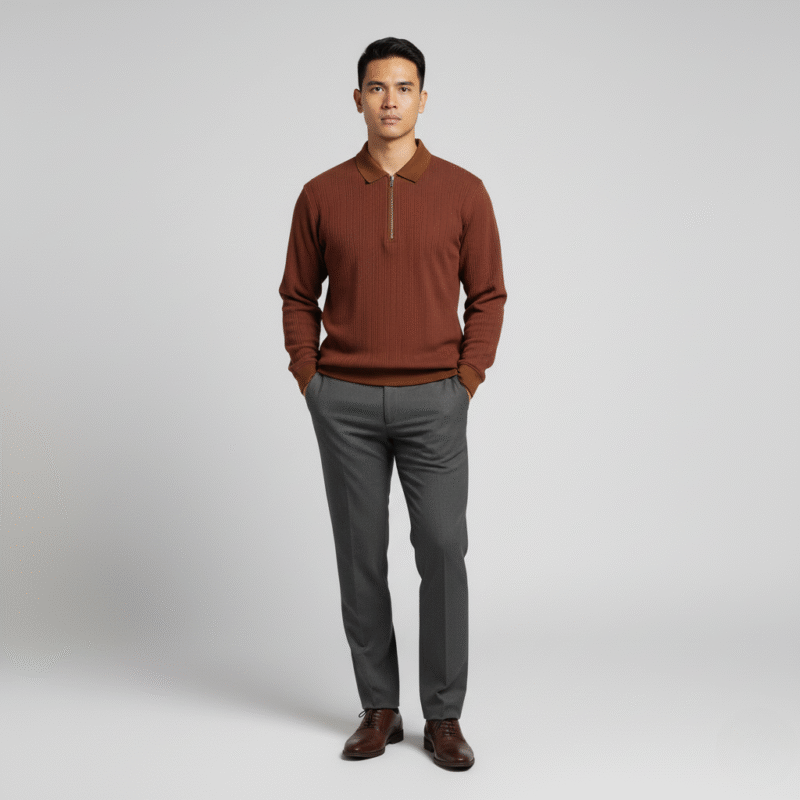 Brown Knitted Zipper Polo - Image 4