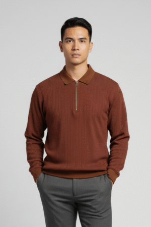 Brown Knitted Zipper Polo