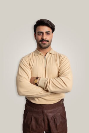 Beige Knitted Zipper Polo
