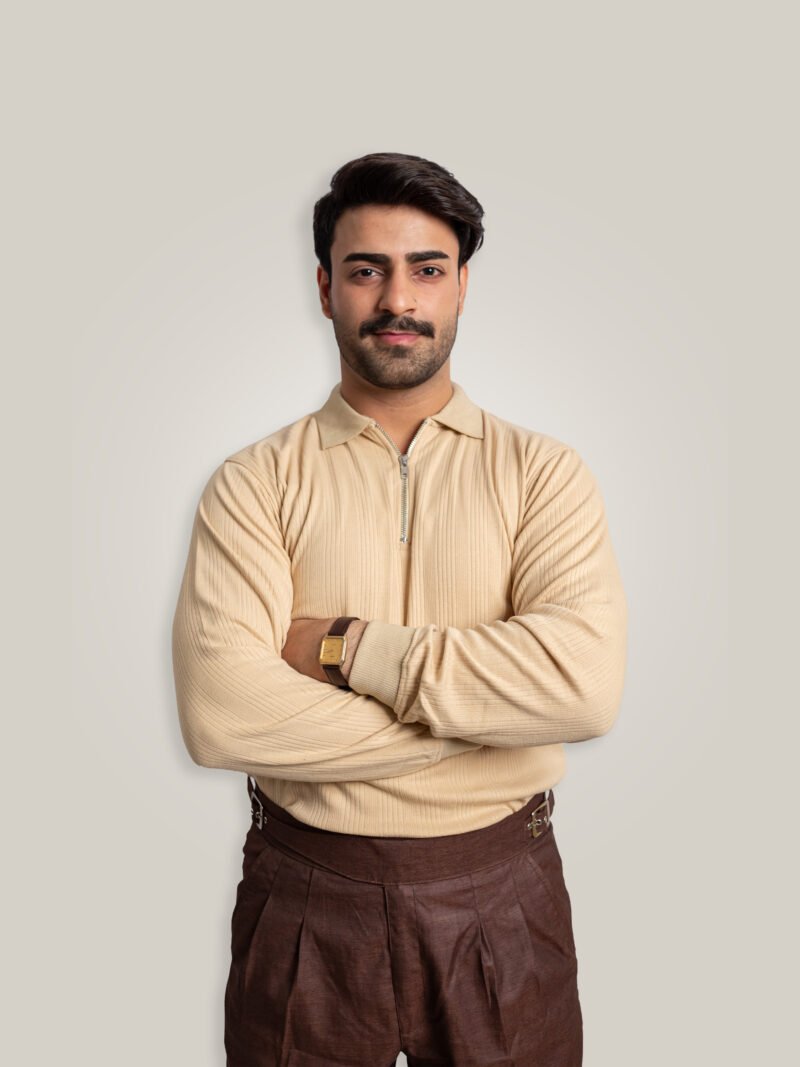 Beige Knitted Zipper Polo