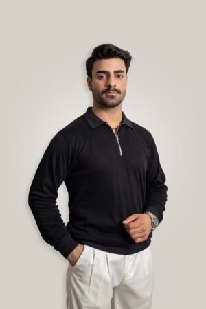 Black Knitted Zipper Polo