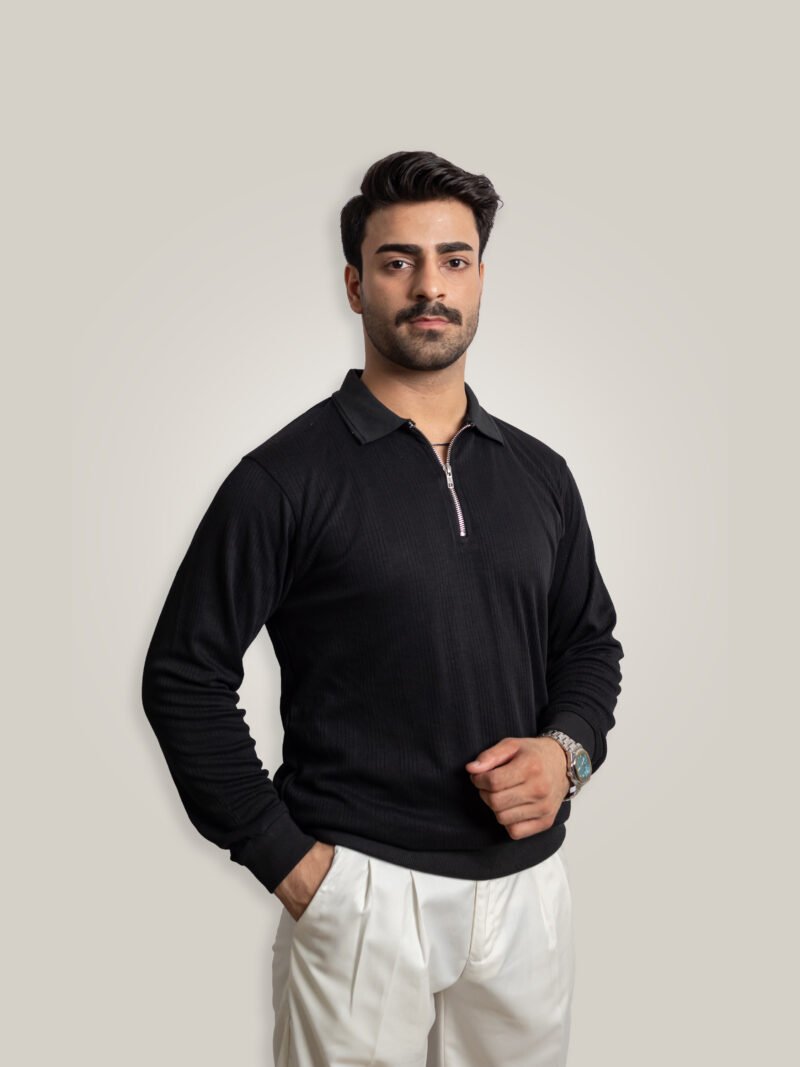 Black Knitted Zipper Polo
