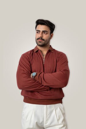 Brown Knitted Zipper Polo