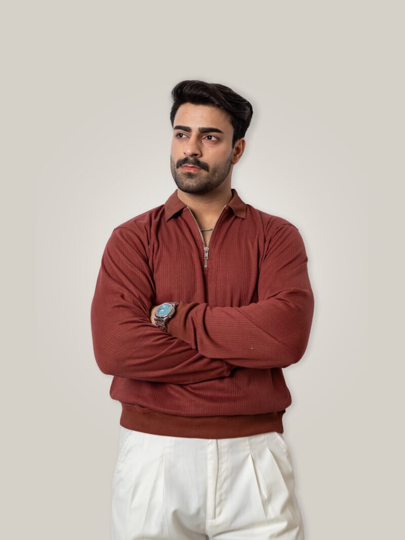 Brown Knitted Zipper Polo